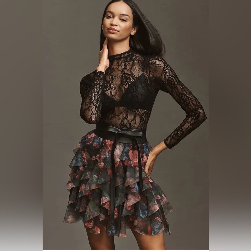 NWT Size L -Anthro The Chéri Ruffled Tulle Mini Skirt Black Floral (NWT US$ 128)